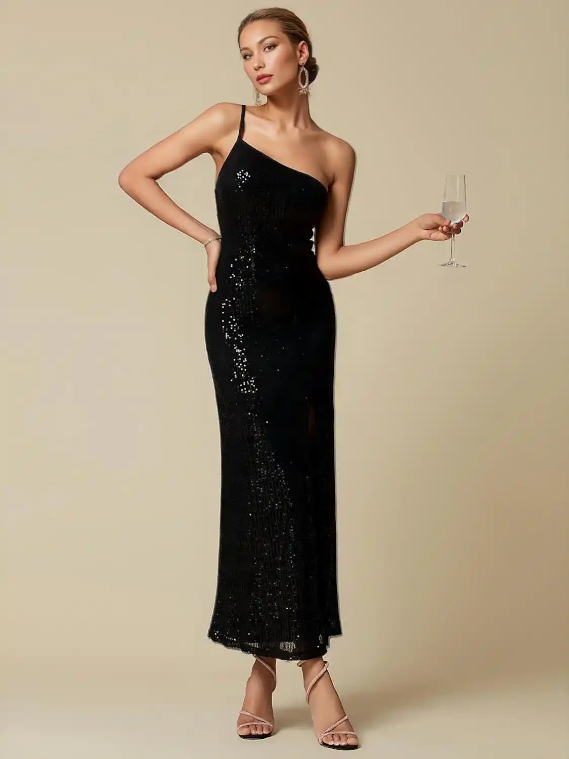 Glitter One Shoulder Wedding best backless black gown