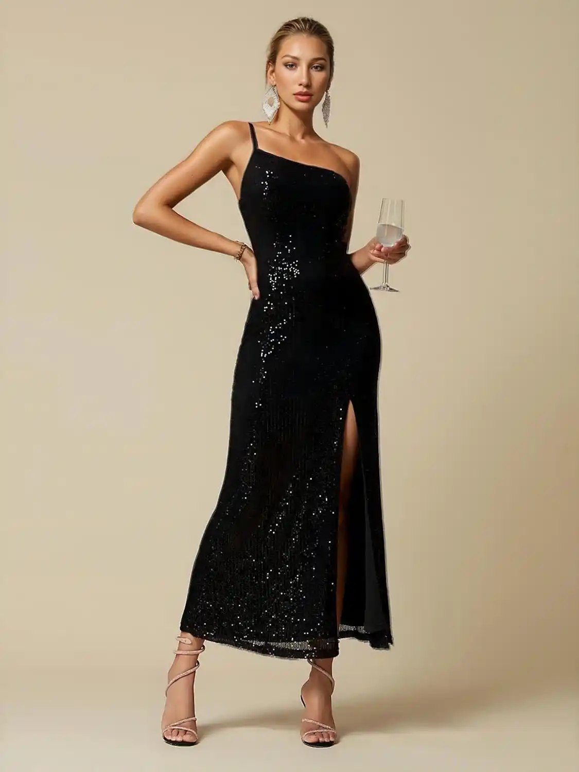 Glitter One Shoulder Wedding best backless black gown