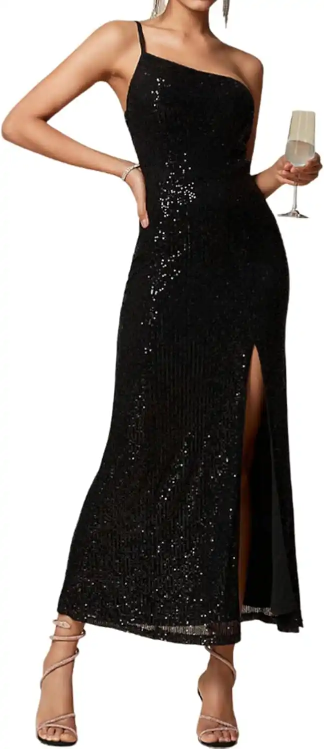 Glitter One Shoulder Wedding best backless black gown